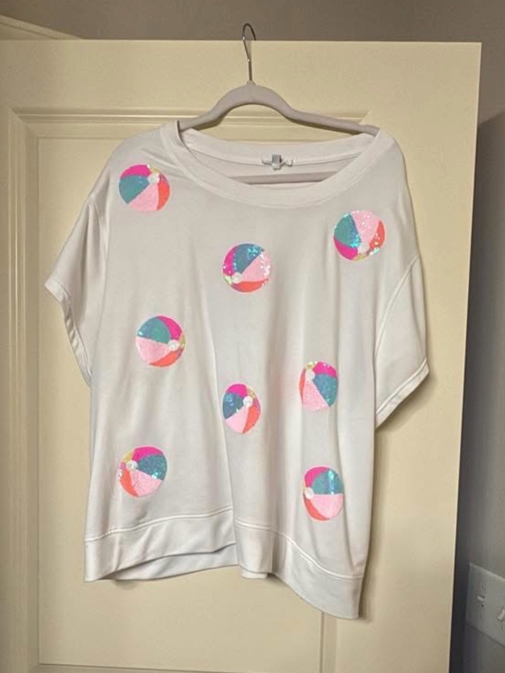 Women’s White Short Sleeve top and short set with Multicolor Beach Ball Print